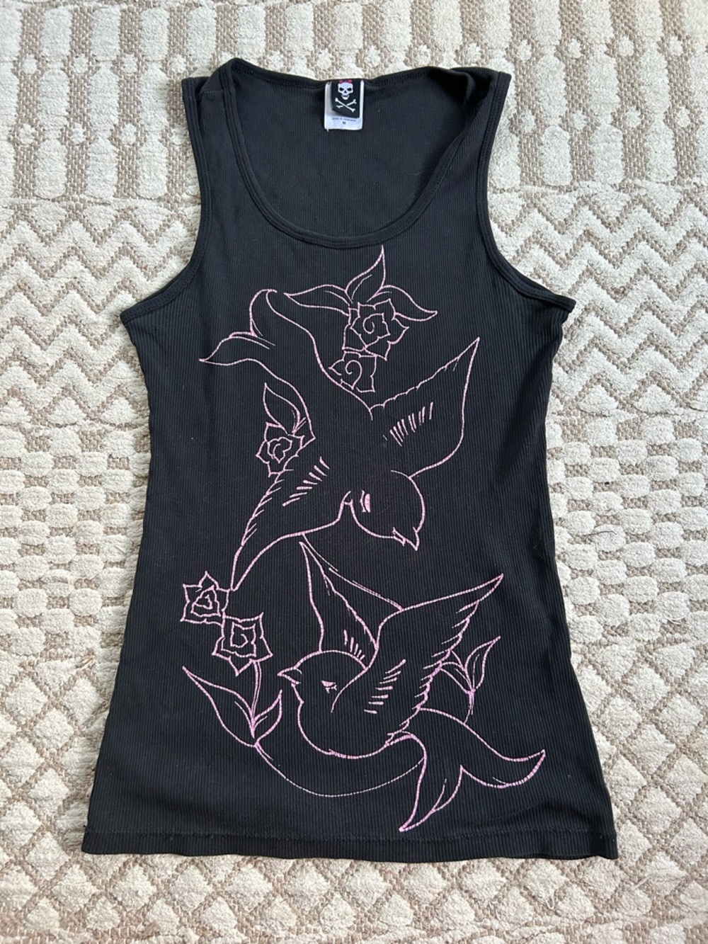 Y2K Grunge Skull Tag Black Ribbed Tank with Pink Bird & Rose Line Art